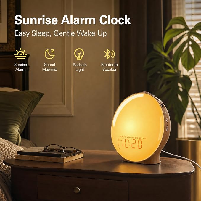 JALL Full-Screen Wake Up Light Sunrise Alarm Clocks for Bedrooms, White Noise Machine for Heavy Sleepers & Kids, 25 Natural Sounds, Dual Alarms, FM Radio, 17 Dimmable Colors, Bluetooth Speaker