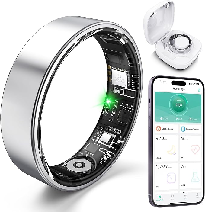 Smart Ring with Sleep Monitoring, Step Counting, Heart Rate for iPhone and Android, No Subscription Fee, IP68 Waterproof Health Tracker (Blue, 8) (Silver, 10)