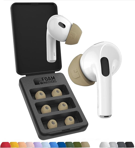Foam Masters Ultra-Premium Memory Foam Ear Tips for AirPods Pro 1st & 2nd Gen | 3 Pairs | New Ver. | Secure Fit | Super Comfort | Better Noise Cancel | Replacement Buds (Large, FDE Tan)