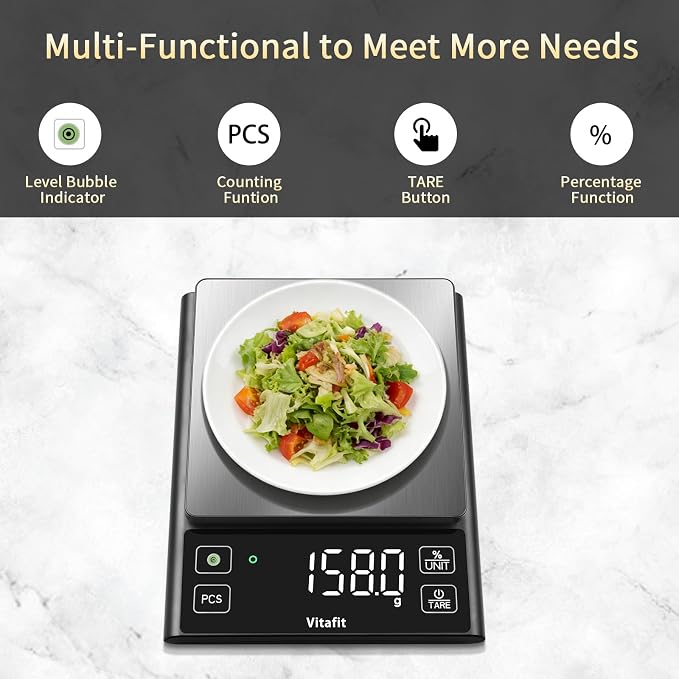 Vitafit 11lb Food Scale, High Accuracy 0.0001lb by Our Professional Scale Factory Since 2001, Digital Kitchen Scale with% Percentage Function for Cooking, Baking & Coffee, Stainless Steel, LED, Black