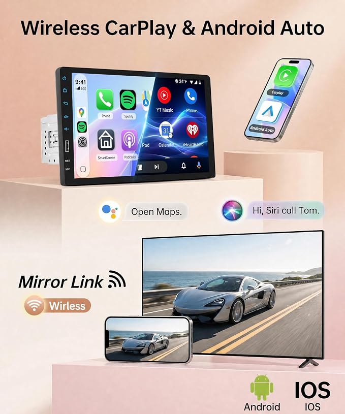 9 Inch Single Din Car Radio Stereo, Wireless CarPlay Android Auto, 1 Din Touchscreen Car Stereo, Bluetooth FM EQ USB SWC MIC, Support Mirror Link Backup Camera