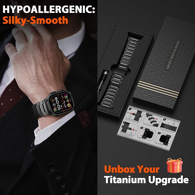 Grade 5 Titanium Band for Apple Watch Ultra Band 3/2/1 49mm, Series 11/10 46mm, 9/8/7 45mm & Series 6/5/4/SE 44mm - Men‘s Business Metal Strap,Black