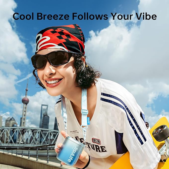 JISULIFE Portable Neck Fan, 100 Adjustable Speeds, 40000 RPM Cooling, Mini Personal Wearable Fan, 4500mAh USB Rechargeable, 16H Runtime, LED Display - Gifts for Outdoor, Travel, Camping, Summer (Blue)