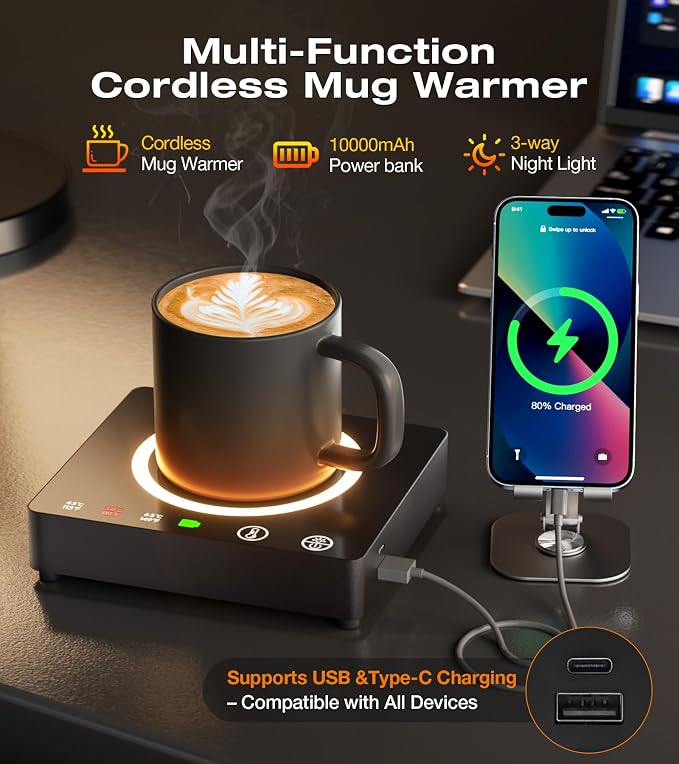 Mug Warmer Cordless 180 Min Battery Life - 10000mAh Portable Charger, Wireless Coffee Cup Warmer for Desk, 3 Temp Settings, Smart Candle Heat Plate for Home, Office, Travel, Camping & Gifts for Men