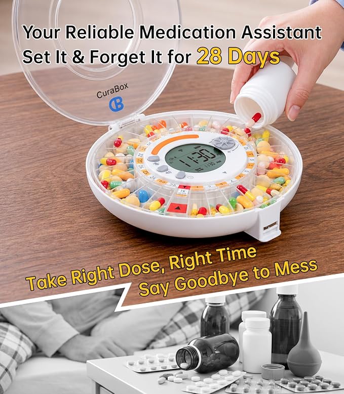 Wi-Fi Automatic Pill Dispenser 28-Day Medication Assistant for Seniors & Caregivers with Remote App Monitoring, Alarms, Sound Light Reminders, Tracks Adherence History, Clear LCD Display, Key Lock