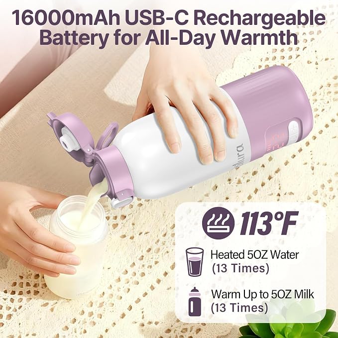 Portable Bottle Warmer for Travel,17 Oz Milk Warmer for Breast Milk/Formula/Water,2 Mins Fast Heating, Built-in Sterilizer, Fast Charge, 8-Temp Control, Precise Temp Control (98°F-212°F)