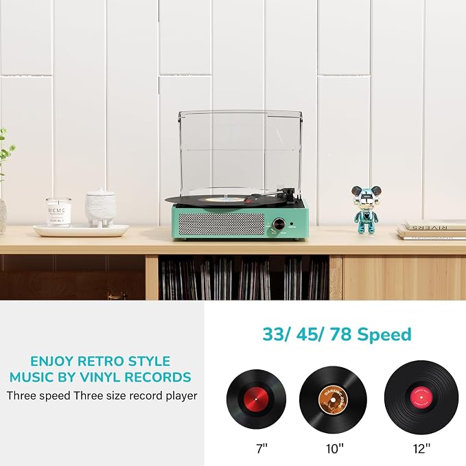 Record Player for Vinyl with 2 Build-in Speakers LP Vinyl Players Belt-Driven Vintage Turntables 3 Speed 3 Size, Wireless Bluetooth Playback, AUX-in, RCA Out, Headphone, Auto Stop,Water Blue