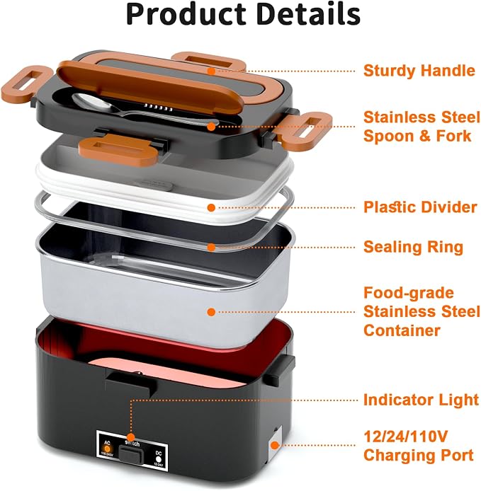 IFENROL Electric Heated Lunch Box for Adults, 100W 3-IN-1 2 Pack 1.8L Containers Heating Lunch Box for Men Portable Double Layer, Fast Heated Food Warmer,12V/24V/110V for Car Truck Office Home