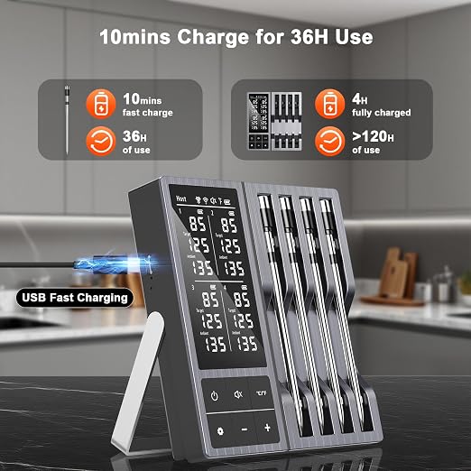 Wireless Meat Thermometer with Smart Timer & APP Alerts, 800ft Bluetooth Grill Food Thermometer, 4 X 0.19In Ultra Thin Probes, ±0.5℉ Accuracy, Big Digital Backlit Screen, for BBQ, Oven, Smoker