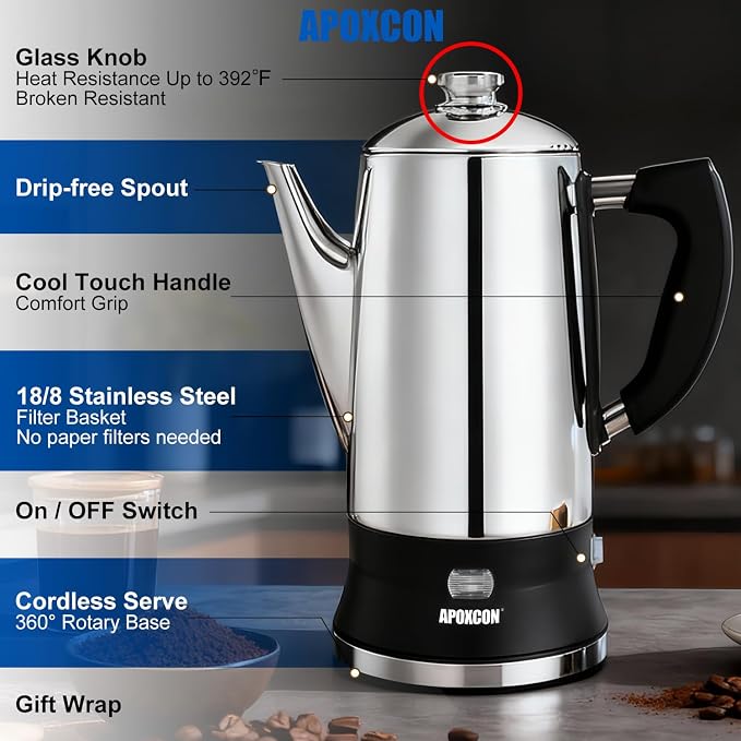 APOXCON Electric Coffee Percolator, Stainless Steel, with Glass Knob, Automatic Keep Warm, Cordless Serve,12 Cup