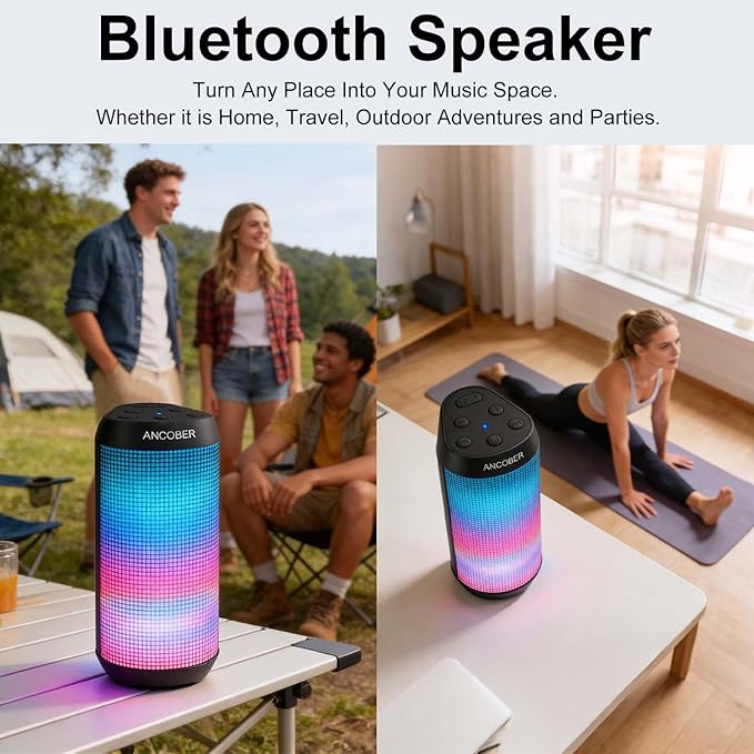 Portable Bluetooth Speaker, 20W Stereo Loud Sound, 8 Modes LED Light Show, 30H Playtime, IPX4 Waterproof, TWS Pairing, Built-in Mic, BT5.3 Wireless Speaker for Outdoor, Party, Travel, Home, Ideal Gift