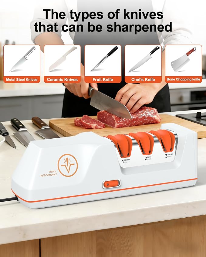 Electric Knife Sharpener with Replaceable Sharpening Head | 3-Stage Sharpening, 15° Precision Angle, Diamond Sharpening System, Metal & Ceramic Knives, Exquisite Gifts & Packaging