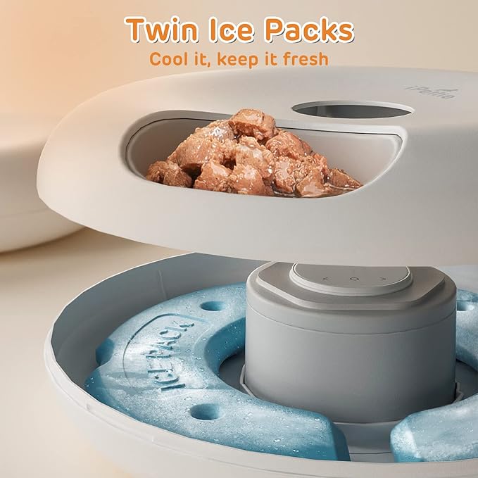 iPettie Donut Frost 6 Meal Cordless Automatic Pet Feeder, Dry & Wet Food Automatic Cat Feeder with Two Ice Packs, Rechargeable Massive Battery, Programmable Timer, Classic White