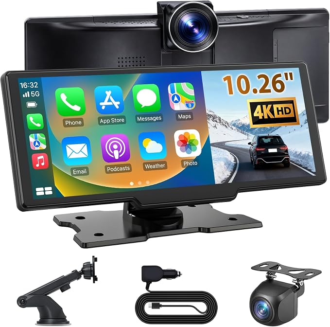 10.26" Portable Wireless CarPlay Screen for Car with 4K Dash Cam, 1080P Backup Camera and 64GB SD Card, Apple Carplay & Android Auto Touch Screen with GPS, Airplay, Mirror Link (ADAS)