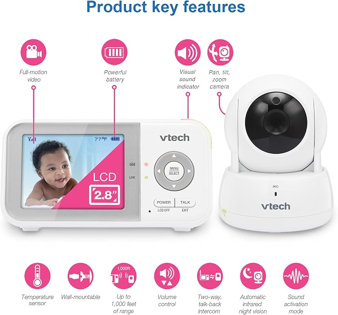 VTech Baby Monitor, No WiFi Secure Transmission – 19-Hour Battery, 2.8" Screen, Pan Tilt Zoom, Night Vision, 1000ft Range, Temperature Sensor, 2-Way Talk | VM923
