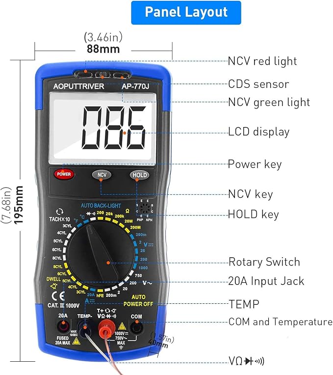 Digital Multimeter AP-770J Automotive Multimeter Engine Analyser Manual Ranging NCV Multi Tester Measure Voltage/Current/Resistance/Temp/RPM/Dwell Angle with Data Hold+Backlight+Auto Off+℃/℉