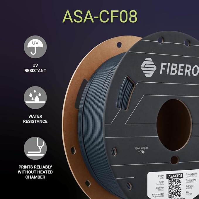 Polymaker Fiberon ASA-CF08 Dark Grey Carbon Fiber 3D Printing Filament 1.75mm 0.5KG, UV & Weather Resistant, High Rigidity, Heat Resistant, Easy to Print, Functional Parts & Prototypes