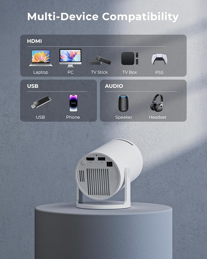Mini Projector, Portable Projector with Wifi and Bluetooth, Built in Apps, Support 4K 1080P, 180° Rotation, Auto Keystone, Movie Projector Compatible With HDMI/USB/TV Stick/Smartphone/Laptop