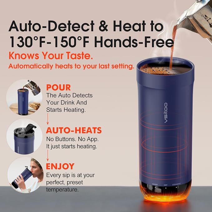 Vsitoo S5 Self Heating Travel Mug 16oz, Rechargeable Coffee Mug with Car Charger Kit, AI Auto-Sensing Temp Control Heated Cup for Home Office Car, App Control, Gift Women Men - Blue