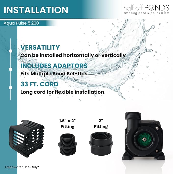 Aqua Pulse Submersible Pond Pump, 5,200 GPH, 33 ft Cord | 21 ft max head, 294W energy efficient, Ultra quiet, For koi ponds, Waterfalls, Fountains