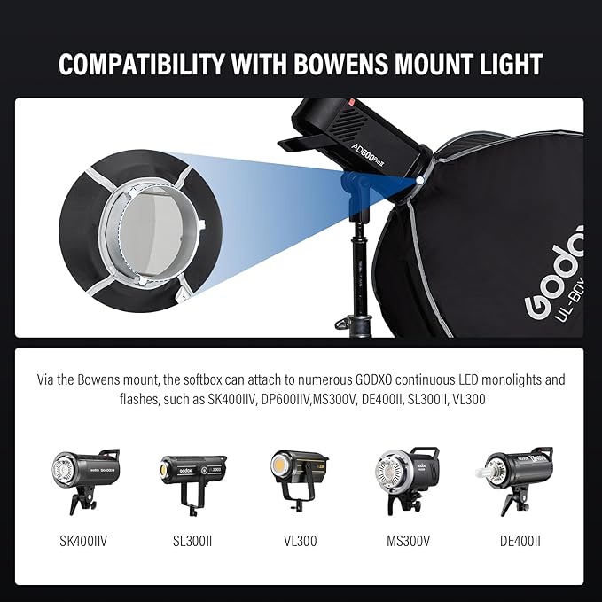 Godox Square Softbox Compact Bowens Mount Softbox 23.6in*23.6in/60cm*60cm with Grid Diffuser Quick Release Photography Lighting Softbox for Photography Shooting Continuous Light Monolight Strobe Flash