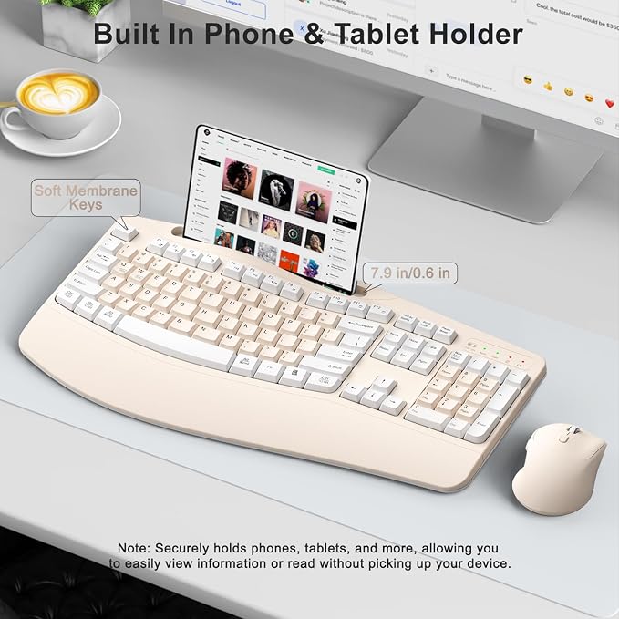 Wireless Keyboard and Mouse Combo, 2.4G Full Size Wave Keys Ergonomic Keyboard with Wrist Rest, Phone Holder, 3-Level DPI Wireless Silent Mouse with 6-Buttons, for Windows (Milk Tea-A)