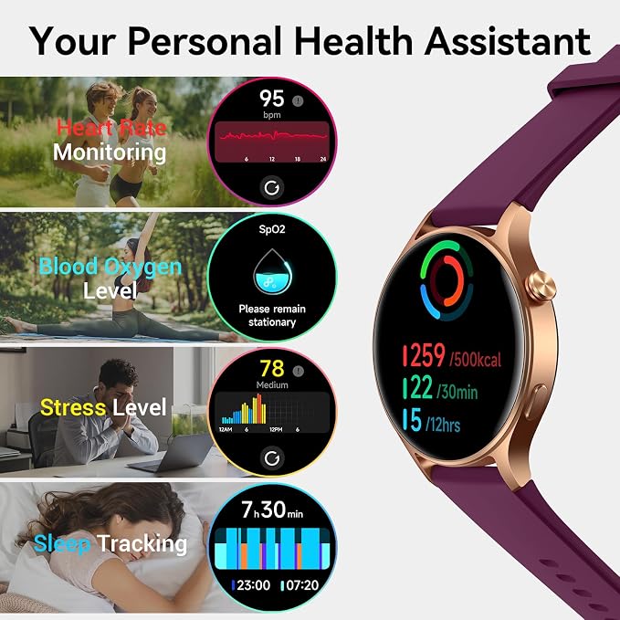Fitpolo Smart Watch for Women,1.3" AMOLED Touchscreen Fitness Tracker, Make/Answer Calls, Heart Rate SpO2 Monitor,3ATM Waterproof,Sleep Activity Tracking Smartwatch for Android Phones iPhone (Purple)