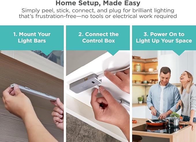 PureOptics LED Under Cabinet Light Kit, Motion Sensor, Dimmable, Linkable, 3 Color Settings, Tool-Free, for Kitchen, Cabinets and Closets, (3) 9" Bars