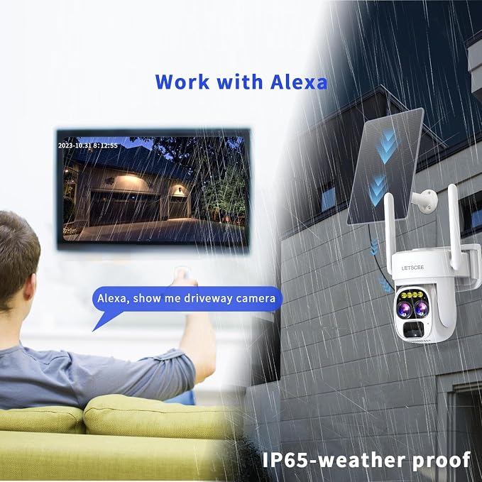 LETSCEE Security Cameras Wirelss Outdoor Solar Powered for Home Security, 360 View Outside Camera,Motion Detection,10x Hybrid Zoom PAN Tile,IP-65 Weather Proof (4 Pack)