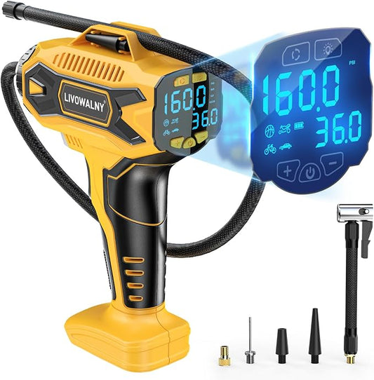 LIVOWALNY Tire Inflator Air Compressor Compatible with DeWalt 20V Battery Power, 160PSI Cordless Portable Electric Air Pump with Digital Pressure Gauge for Car Motorcycles Bike Ball Auto (Tool Only)