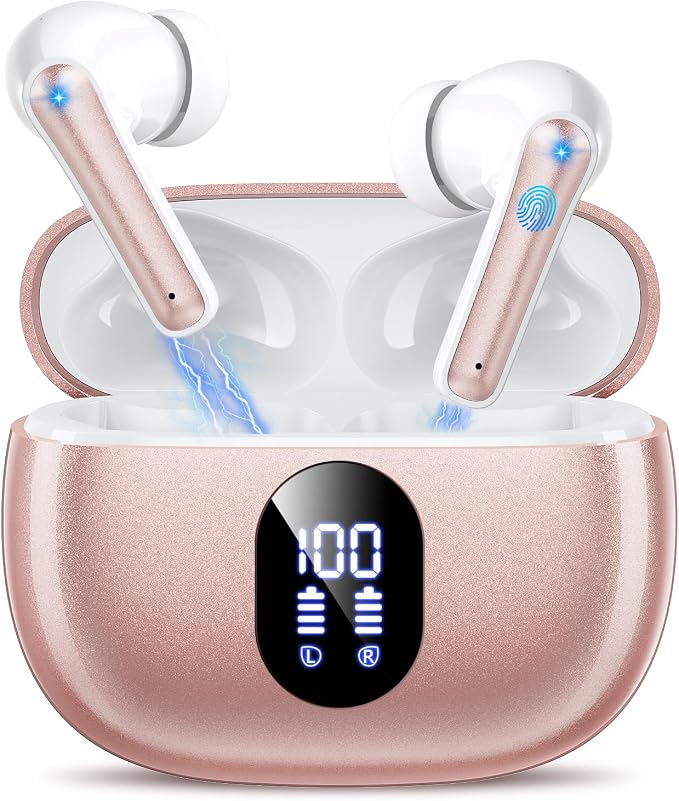 jaddsa Wireless Earbuds Bluetooth 5.3 Ear Buds, Hi-Fi Stereo Bass Ear Buds with 48H Playtime & LED Display, Lightweight in-Ear Headphones with Mic, IPX7 Waterproof, Touch Control for iPhone Rosegold