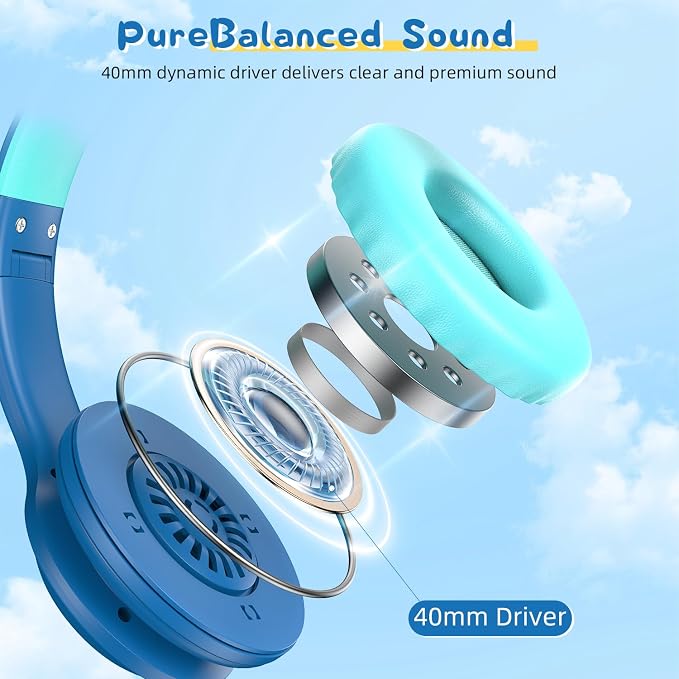 Candy Bila Kids Bluetooth 6.0 Headphones with LED Light, 85Hours Playtimes, Type-C Fast Charging, 85/94dB Volume Limited, Comfort Wireless Headphones with Built-in Mic, Wired & TF Card Mode, Blue