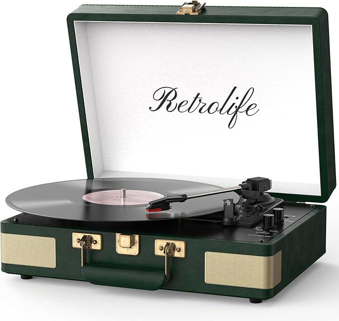 Record Player 3 Speed Bluetooth Portable Suitcase Vinyl Player with Built-in Speakers Turntable Enhanced Audio Sound PU Leather Vintage