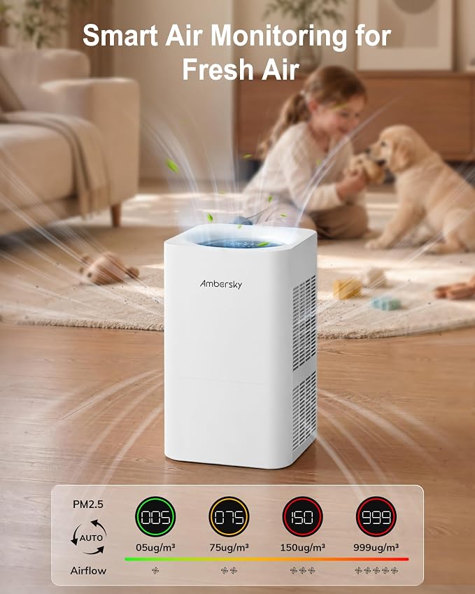 Ambersky Air Purifier for Home, True HEPA Filter for Large Room Up To 2500 Sq Ft, Sleep Mode, 5 Fan Speeds, 360° Air Cleaner for Pet Hair, Smoke, Dust, Odor