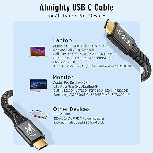 CABLEDECONN USB C 3.2 Gen-2 240W Straight Extension Cable 1m 3.3ft Data Transfer 20Gbps 48V/5A Charging Cable Type-C 4K Video Output Compatible with Thunderbolt 3 USB-C Computers