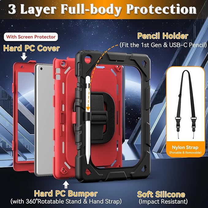 Grifobes for iPad 9th/8th/7th Generation Case, for iPad 10.2 Inch 2021/2020/2019 Case Cover with Screen Protector, 360°Rotate Stand, Hand & Shoulder Strap, Pencil Holder for Kids, Black Red