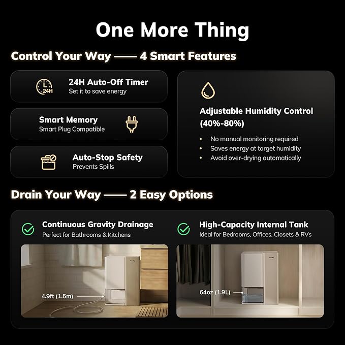 AEOCKY Small Dehumidifier with Drain Hose,64oz Water Tank,Next-Gen Thermoelectric Tech, for Small Space (Not for Basements), for Home,Bedroom,Bathroom,Closet,RV, 24H Timer,Intelligent Humidistat,Quiet
