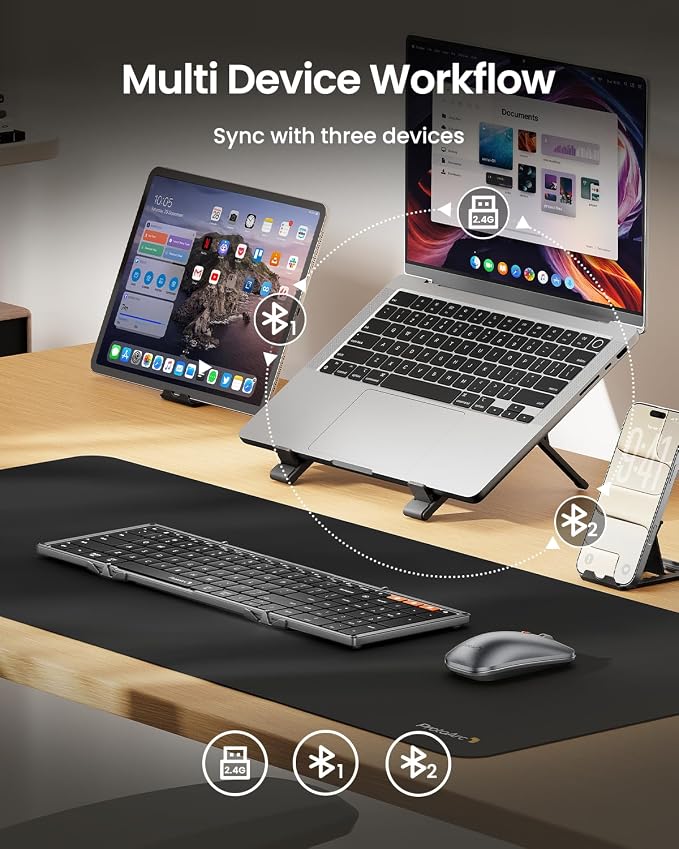 ProtoArc Backlit Foldable Keyboard and Mouse, XKM01 Pro Full-Size Portable Office Suite for Business Travel & Night Typing, Consistent Workspace Anywhere, 3-Device Connectivity for Hybrid Pros - Gray