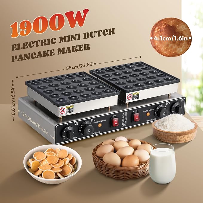 Moongiantgo Mini Pancake Maker Dual Plate 50pcs for Dessert Non-Stick Electric Dutch Pancake Baker Stainless Steel, Poffertjes Dorayaki Machine with Temp&Time Control for Snack Home Restaurant, 110V