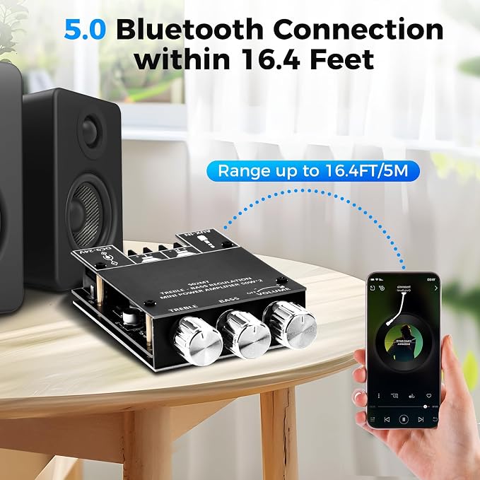 Daakro ZK-502MT Bluetooth Amplifier Board,50W+50W 2.0 Channel Amp Board with Treble and Bass Control,DC 9-24V, Bluetooth and AUX Inputs, Audio Amp Board for Home DIY Wireless Speakers, Password Free