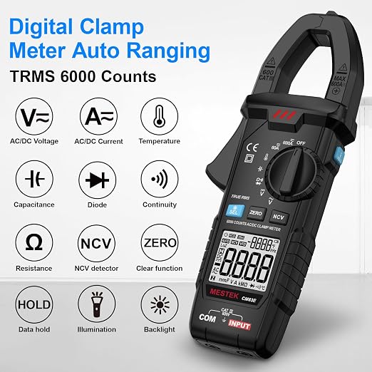 MESTEK Digital Clamp Meter Multimeter, TRMS 6000 Counts 600A Current Amp Volt Meter, Auto-Ranging Voltage Tester Measures AC DC Current Voltage Resistance Capacitance Temperature Diodes Continuity NCV