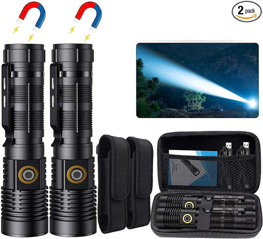 Hoxida Rechargeable Magnetic Flashlight High Lumens - 1500 Meters Long Beam Super Bright LED Tactical Flashlight with Holster USB Zoomable 5Modes Small Long Beam Spotlight Flashlight for Camping