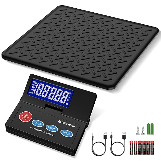 UNIWEIGH 440lb Postal Scale,10g Accuracy Digital Shipping Scale for Packages with Backlit LCD,Alloy Steel Platform,USB-A/Battery Power,Tare/Hold/Auto-Off,Mail Scale for Small Business Postage Weighing