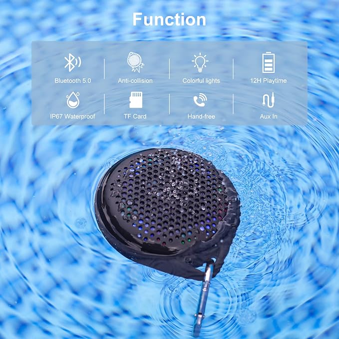 Bluetooth Shower Speaker, IP67 Waterproof with RGB Light, Portable with Hi-Fi Sound and Built-in Mic, Supports TF Card, Wireless for Home, Outdoor, Travel
