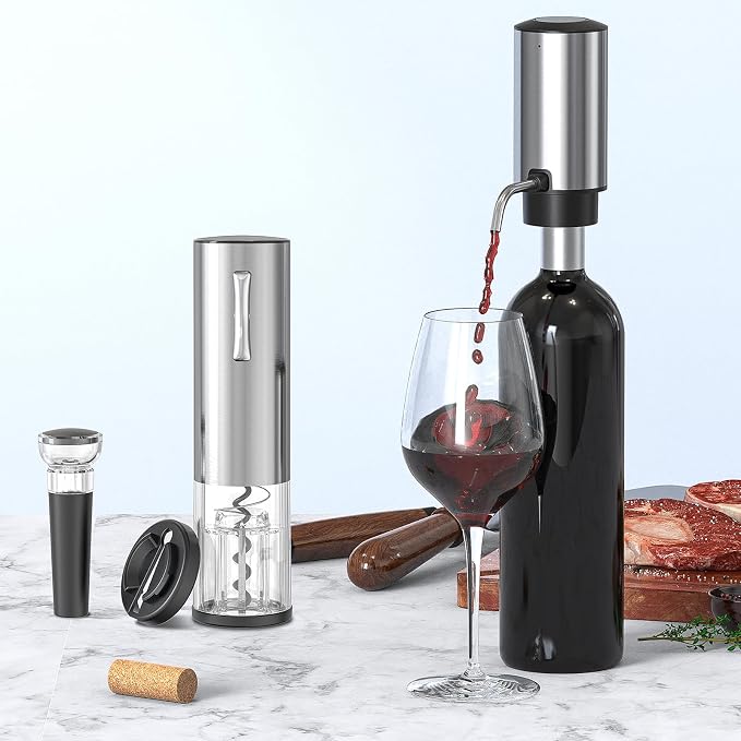 Wine Gifts-Electric Wine Opener and Aerator Set- Rechargeable Wine Dispenser Pourer, Wine Bottle Opener with Led Light, Foil Cutter, Vacuum Stoppers,Silver Set