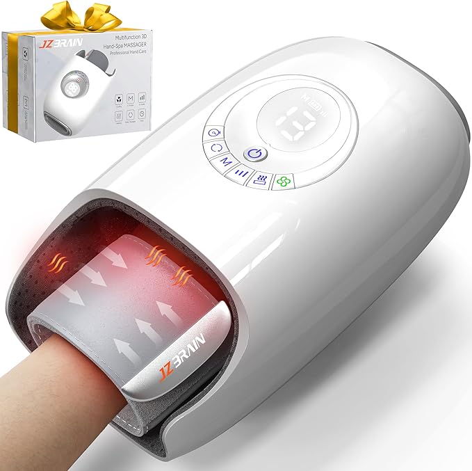 JZBRAIN Hand Massager with Heat and Compression : Full Hand & Wrist Massage, Cordless Electric Hand Massager with 6 Modes & 6 Intensities for Office, Seniors Daily Comfort & Relaxation (White)