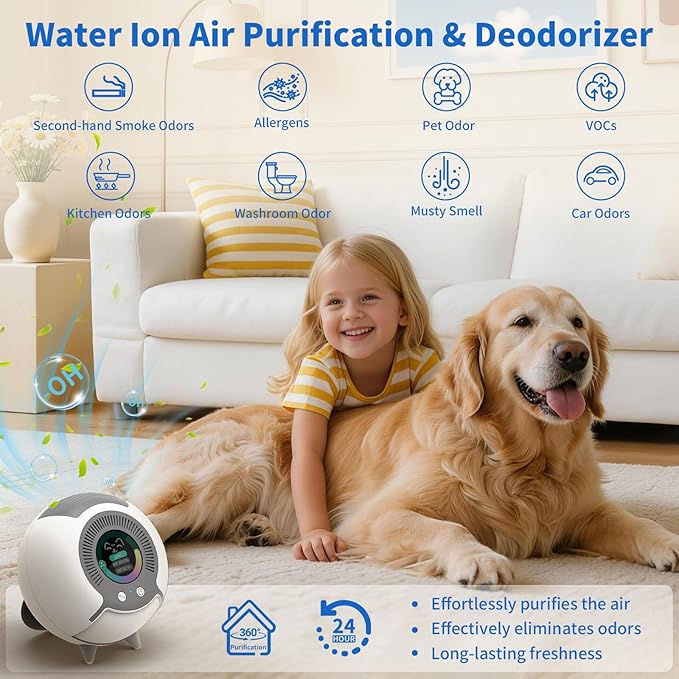 Water Ionic Air Purifier for Home Pets – Small Filterless Pet Odor Eliminator with USB-C, Air Ionizer for Cats&Dogs, Bedroom, Bathroom, Kitchen, Car, Quiet Continuous Air Purification, White