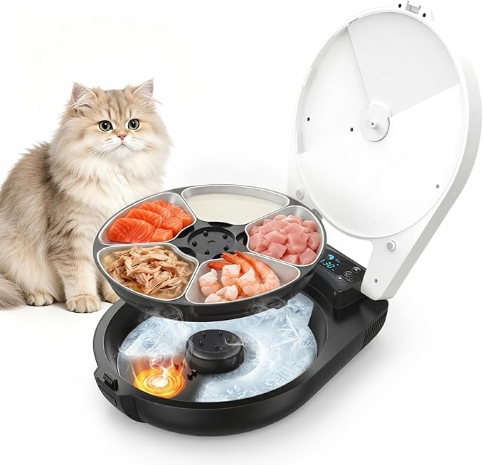 Automatic Cat Feeder Wet Food, Semiconductor Cooling & Heating, 5 Fresh Meals Timed Cat Feeder for 3 Days with Stainless Steel Bowl, Easy to Clean, Programmable Wet Food Dispenser for Cat Dog