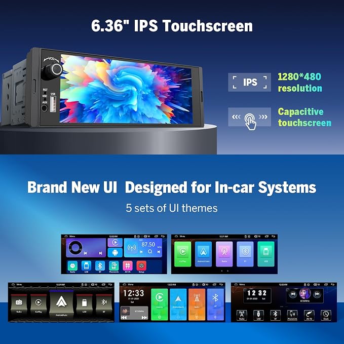 Eonon 6.36" Single DIN Car Stereo – Wireless CarPlay & Android Auto, IPS Touchscreen (1280x480), ST TDA7851 Amp, Backup Camera, Steering Control,Bluetooth 5.3-X3U