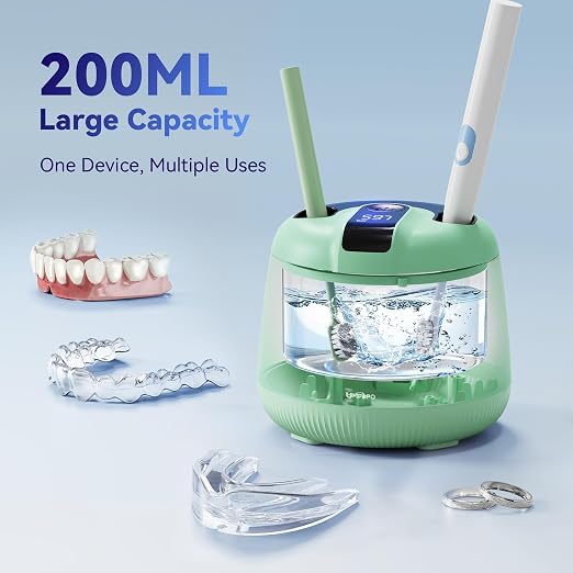 Ultrasonic Retainer Cleaner Machine 48kHz, Dental Cleaning Pod, Ultrasonic Retainer Cleaner for Dentures, Aligners, Mouth Guards, Toothbrush Heads and Jewelry with 200ML Capacity, LAB Supply | Gentle cleaning action works well on mouth guards, toothbru...